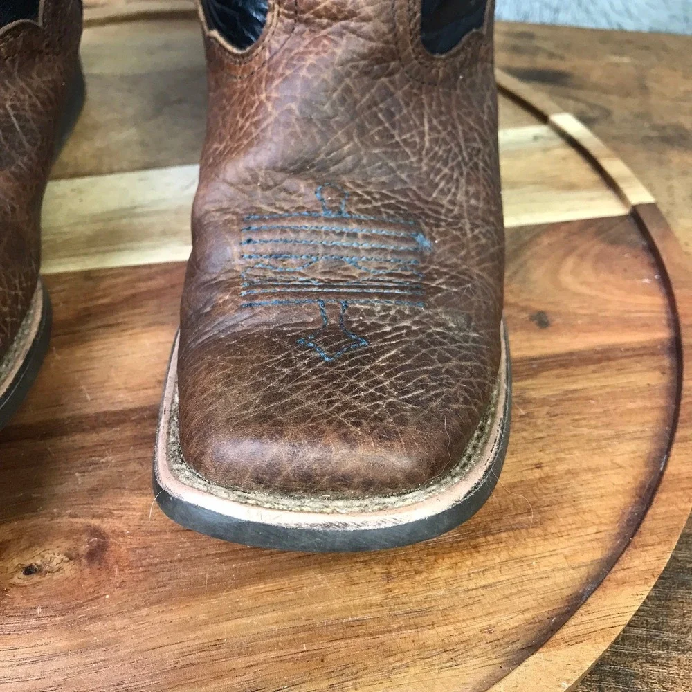 Ariat Tombstone Western Boots Kids 3 Brown Black Blue Stitched Square Toe Cowboy